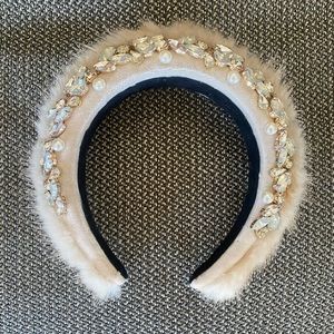 White Bridal Crystal Fur Beaded Statement Headband
